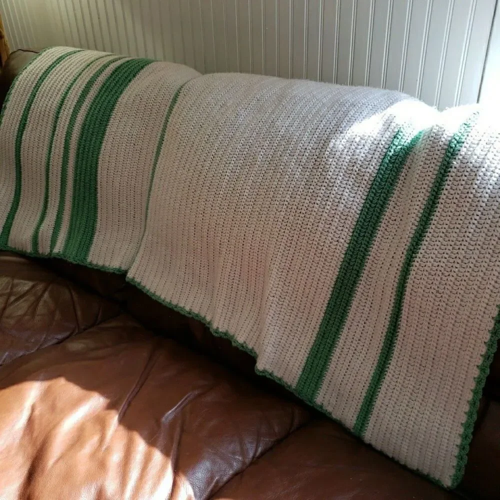 Handmade Crochet Blanket White Green Throw 65x35 Lapghan Knit Gift Cozy Baby